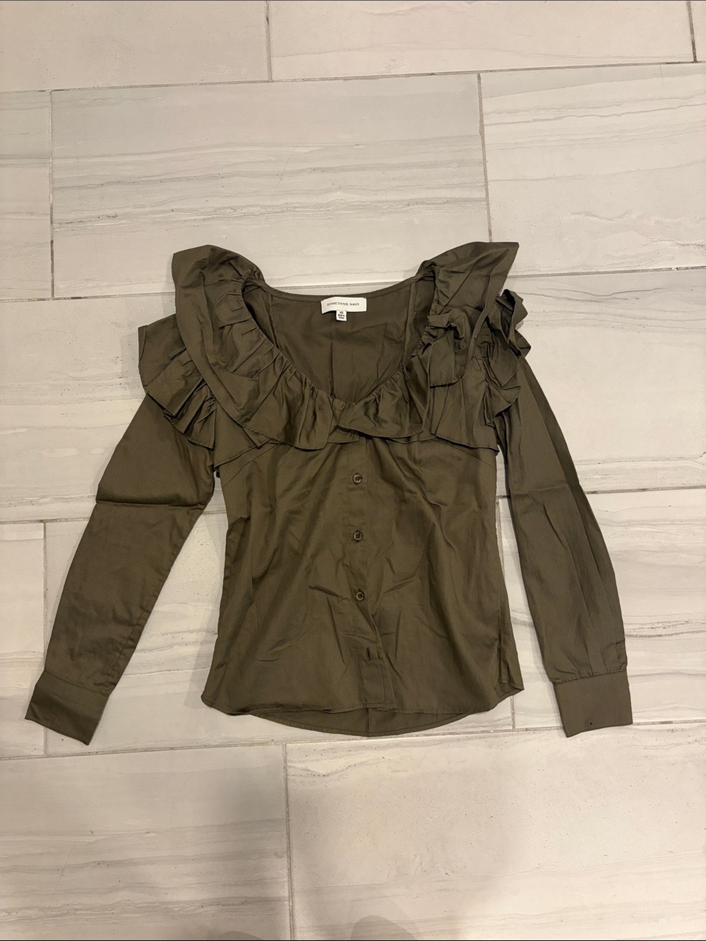 Something Navy Olive Ruffle-Trim Button-Down Top